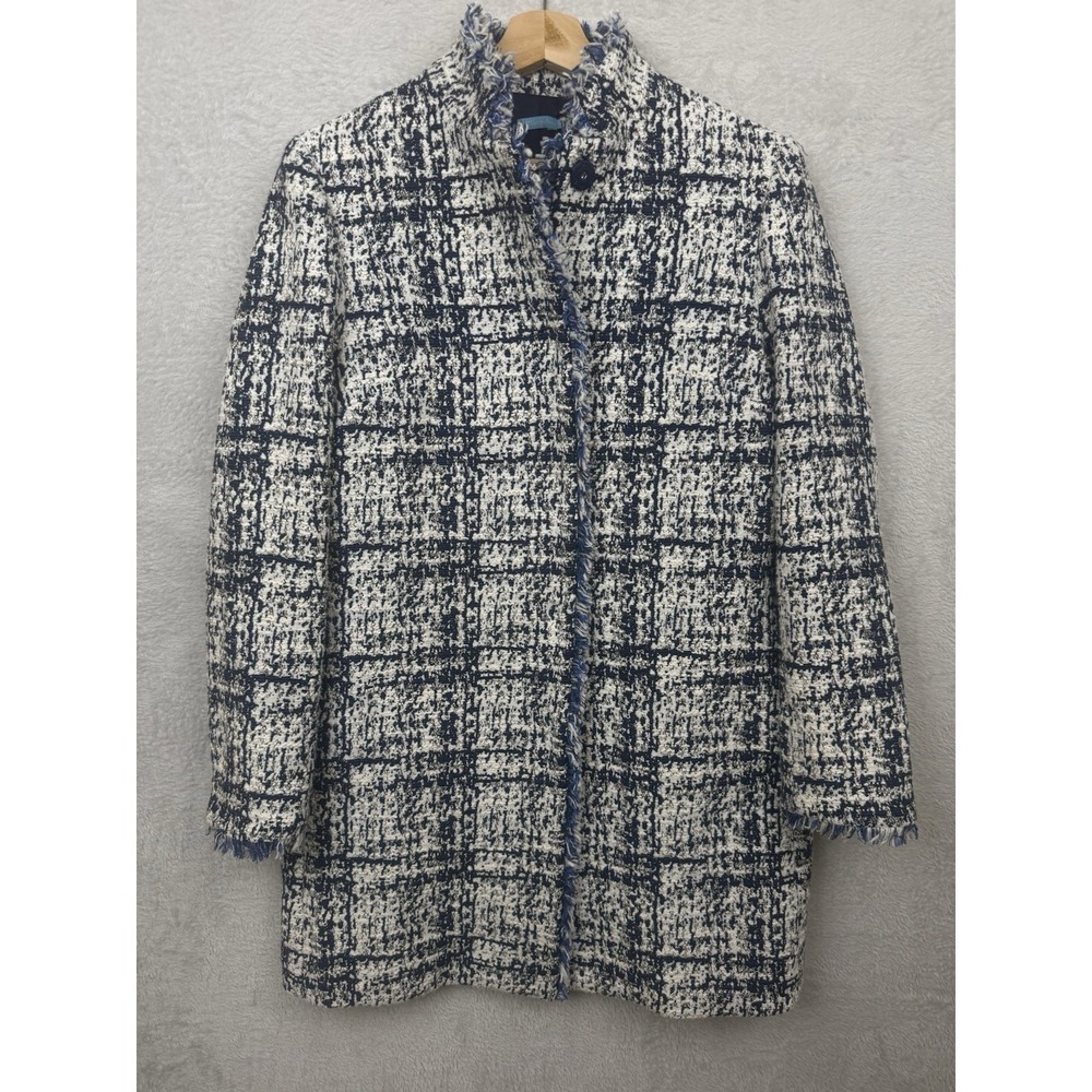 J. McLaughlin Walden Coat Chic Frayed Fringe Trim Boho Coastal Quiet Luxury M